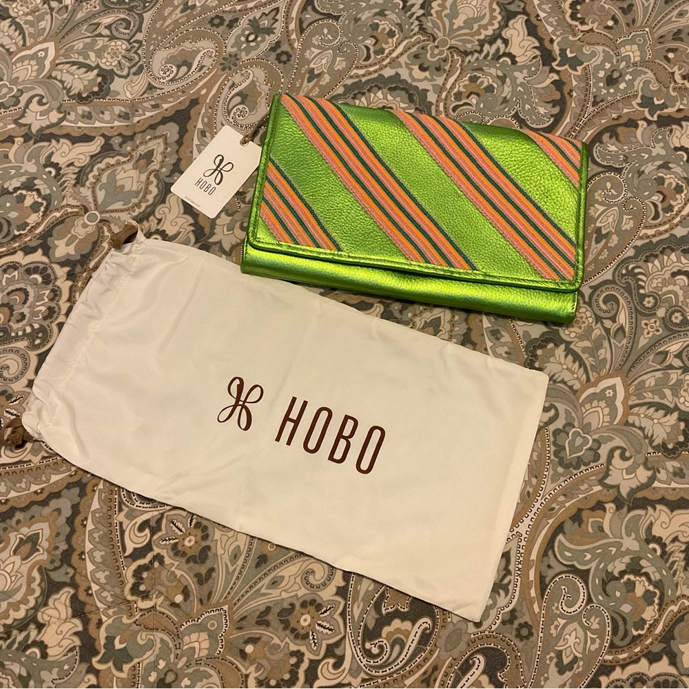 HOBO Metallic Lime Green Clutch with Multicolor Stripes